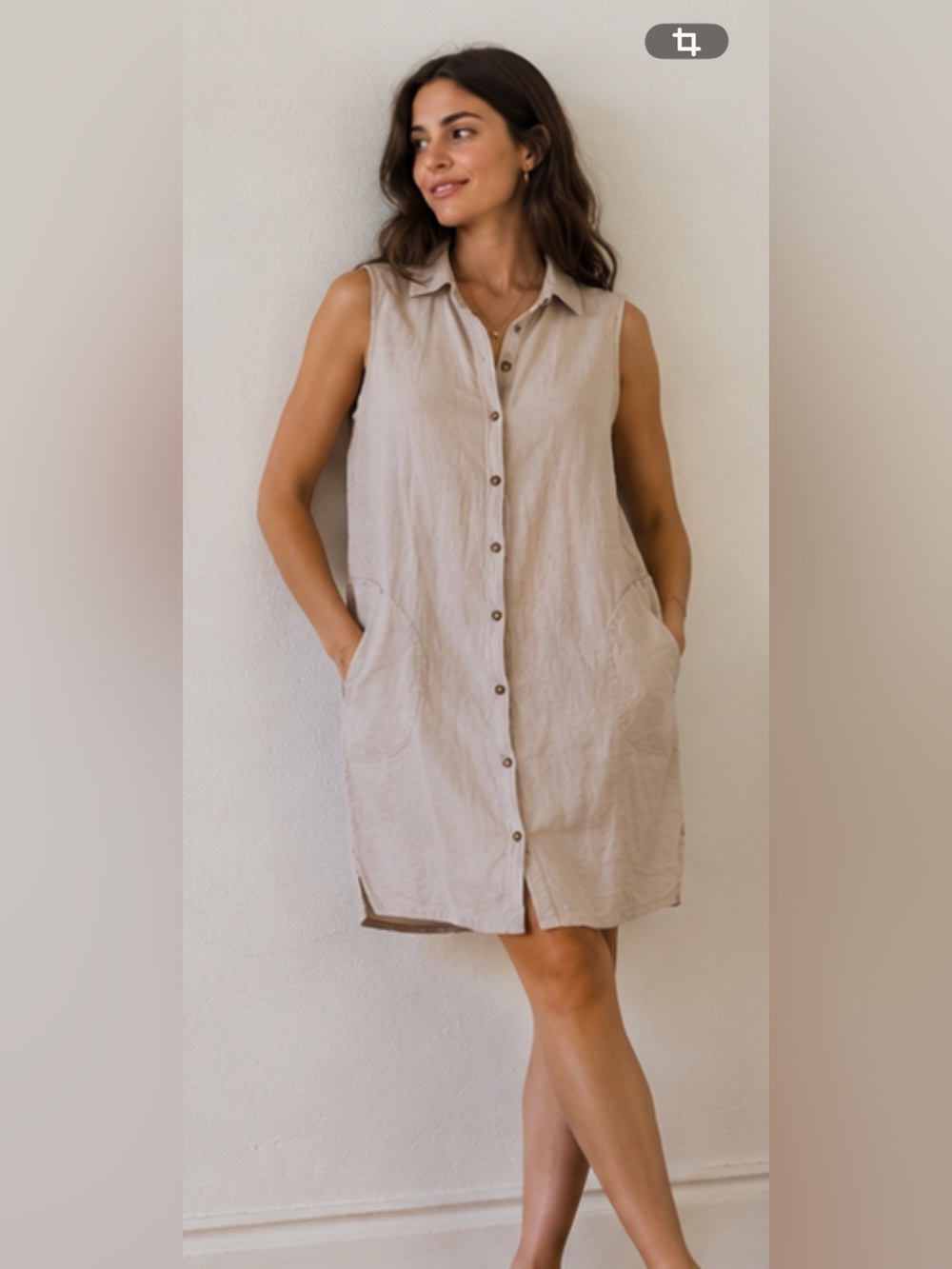 Sleeveless Button-Front Linen Shift Dress in Light Beige